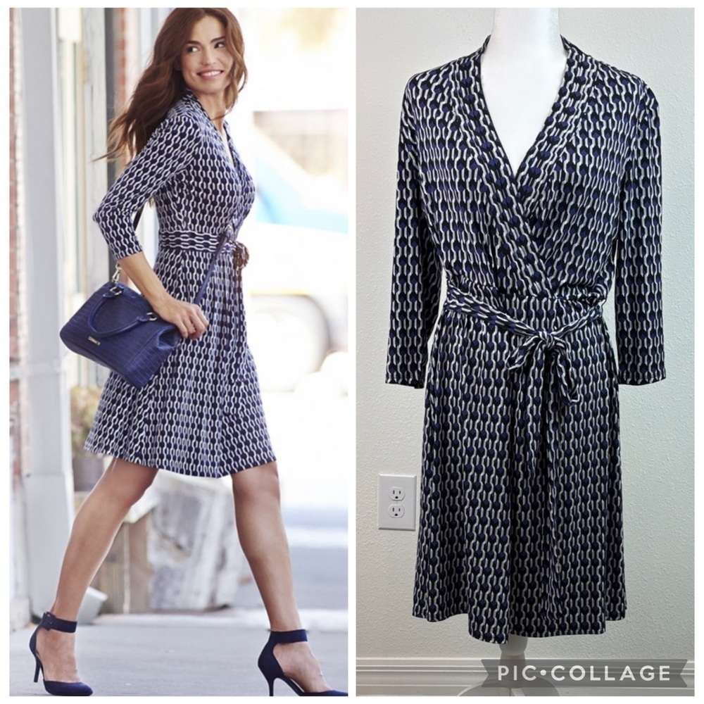 Liz Claiborne wrap around V neck mini dress purple gray black chain print EUC